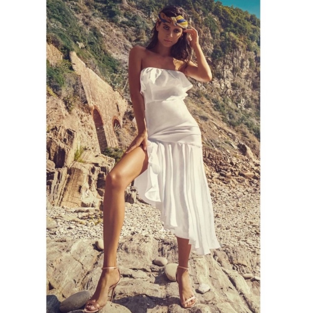 Meshki White Strapless Ruffl Maxi Dress